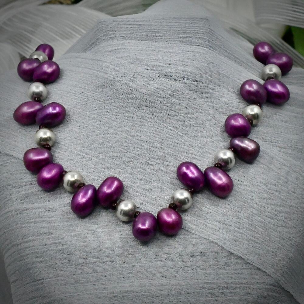 Estate Sterling Silver Purple Baroque Pearl Bead Necklace 17" 58g